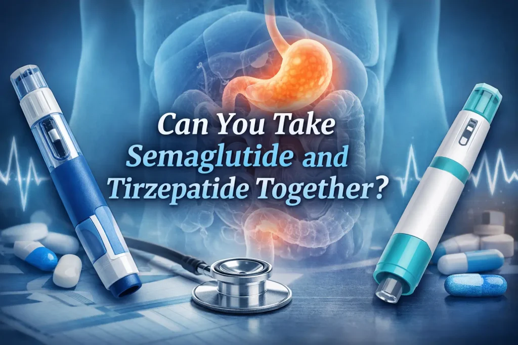 Horizontal featured image showing weight loss injection pens representing semaglutide and tirzepatide with overlay text reading "Can You Take Semaglutide and Tirzepatide Together?"