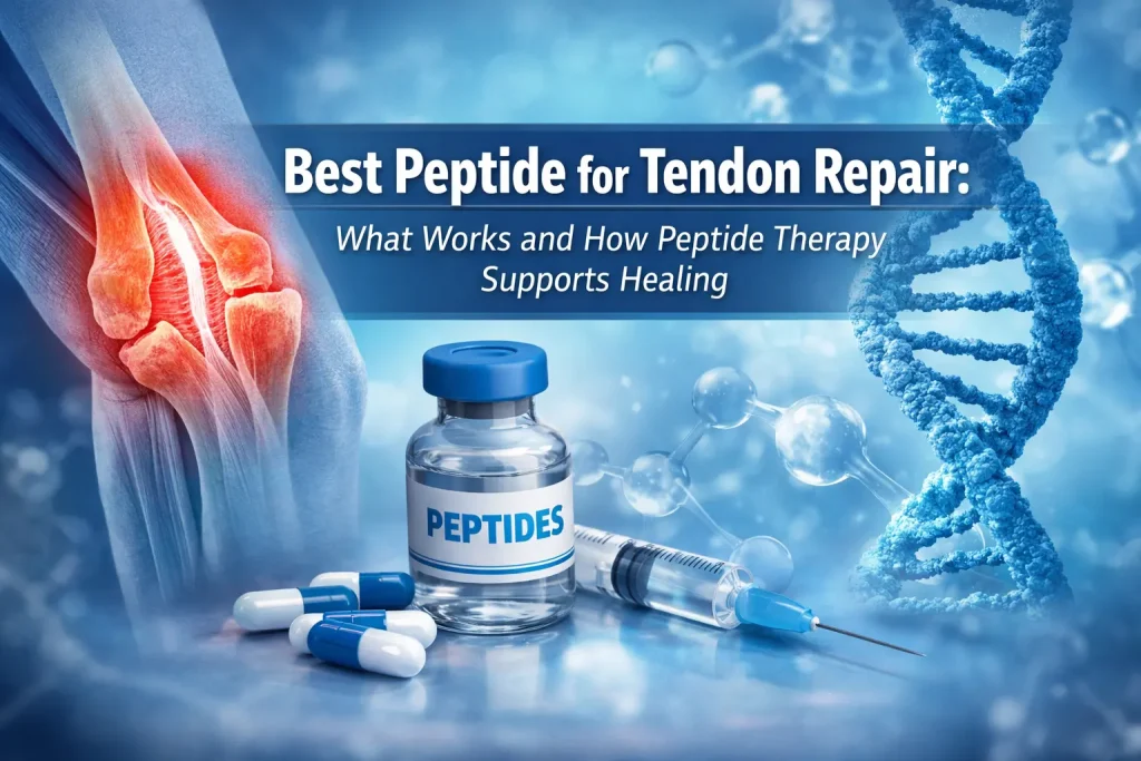 Horizontal medical-themed featured image showing a tendon illustration with highlighted connective tissue fibers and a subtle molecular peptide structure overlay, with overlaid text reading “Best Peptide for Tendon Repair: What Works and How Peptide Therapy Supports Healing”.