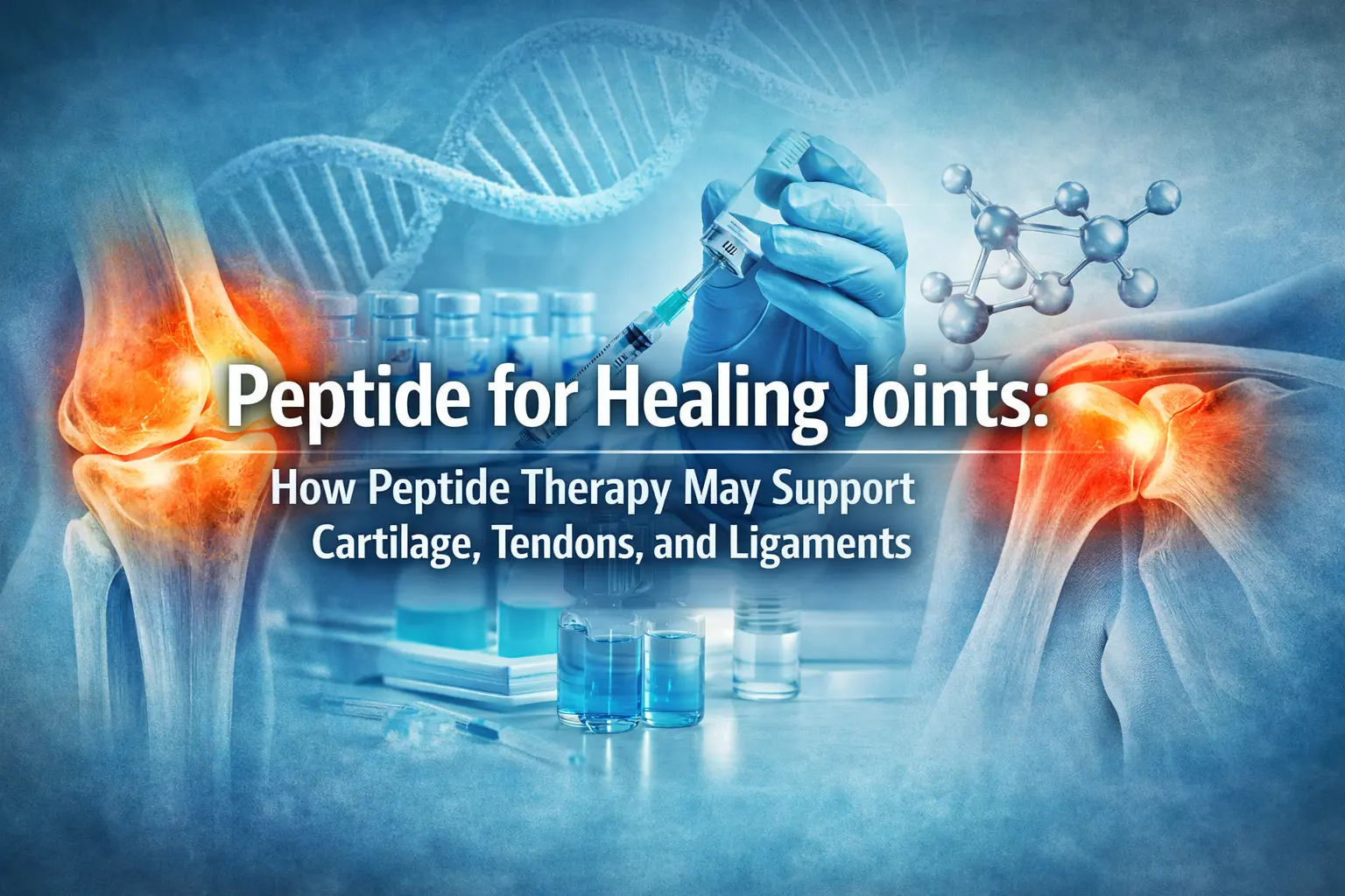 Horizontal banner showing highlighted knee and shoulder joints with medical lab imagery and syringe, overlaid text reading “Peptide for Healing Joints: How Peptide Therapy May Support Cartilage, Tendons, and Ligaments.”