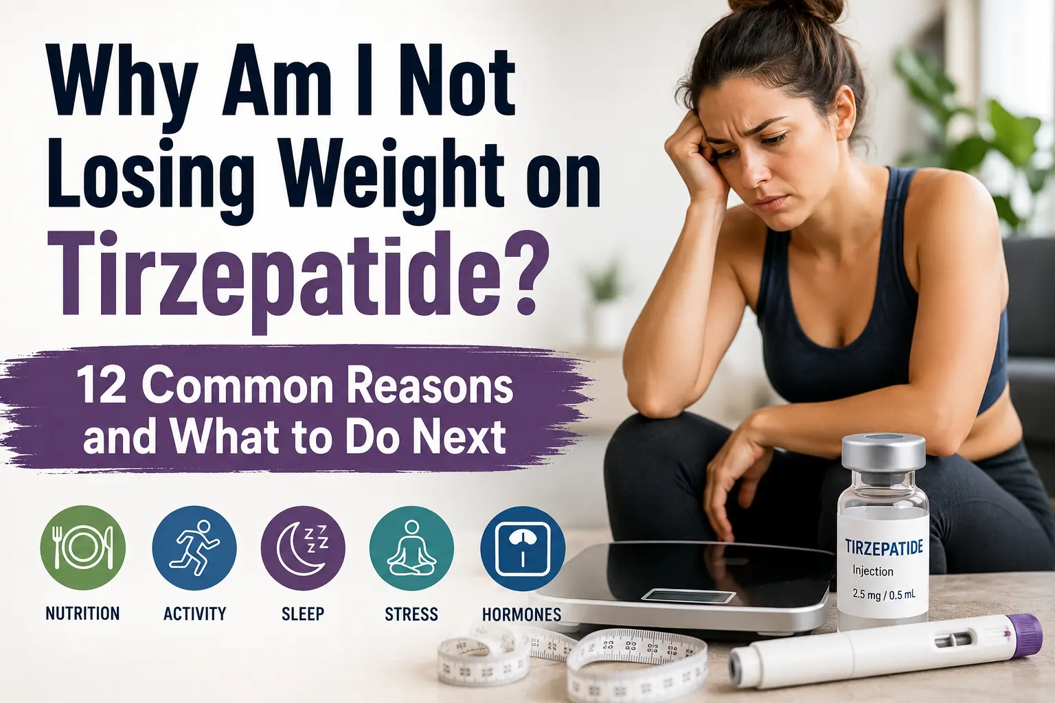 Featured image for an article titled "Why Am I Not Losing Weight on Tirzepatide? 12 Common Reasons and What to Do Next" showing a concerned adult looking at a scale while holding a measuring tape, with healthy foods, exercise equipment, and a healthcare-themed background representing common factors that can affect weight loss progress on tirzepatide.