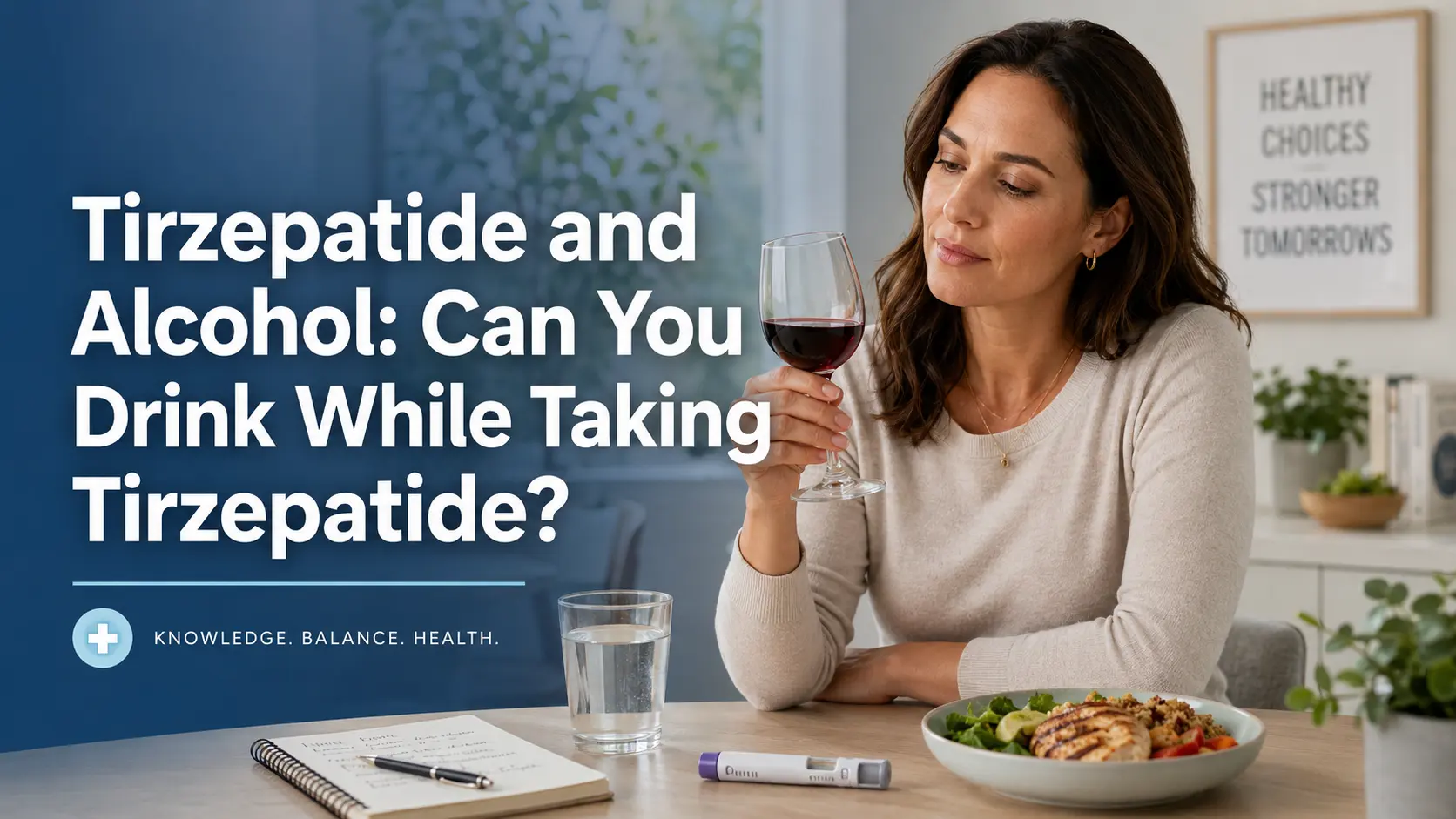 Woman holding a glass of wine beside a healthy meal, water, and injection pen with text about tirzepatide and alcohol safety.