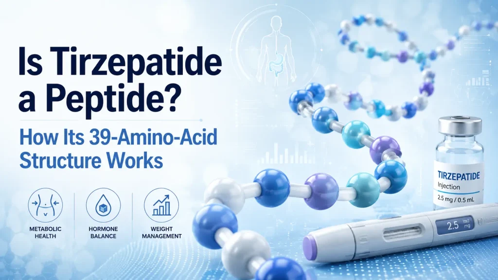 Medical infographic with a large blue-and-purple molecular chain, a tirzepatide injection vial and pen, and icons for metabolic health, hormone balance, and weight management. The headline reads, “Is Tirzepatide a Peptide? How Its 39-Amino-Acid Structure Works.”