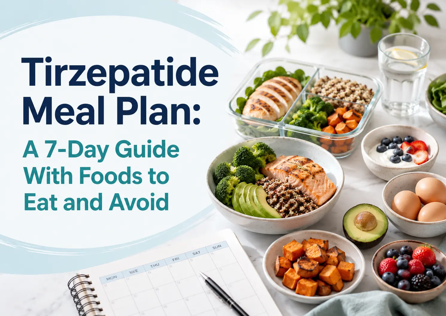 Healthy tirzepatide meal plan with salmon, chicken, eggs, yogurt, berries, vegetables, quinoa, avocado, and a weekly planner.