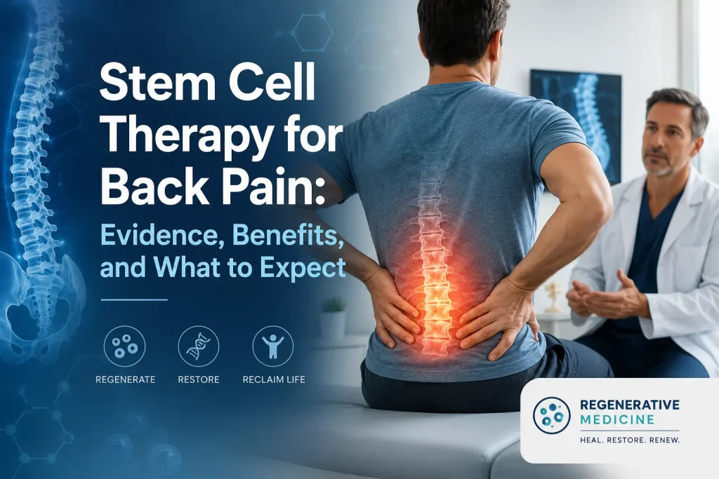 Man holding his lower back with a glowing lumbar spine during a doctor consultation, beside the title “Stem Cell Therapy for Back Pain: Evidence, Benefits, and What to Expect.”