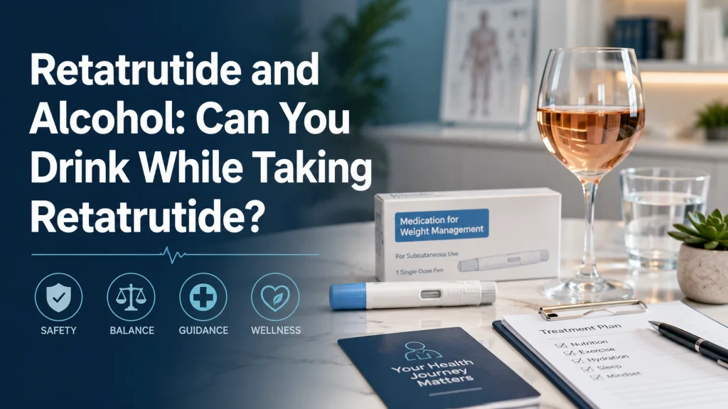 Horizontal medical article graphic with overlaid text reading “Retatrutide and Alcohol: Can You Drink While Taking Retatrutide?” showing a wine glass, water glass, generic weight management medication box, injection pen, treatment plan checklist, and wellness icons in a clinical setting.