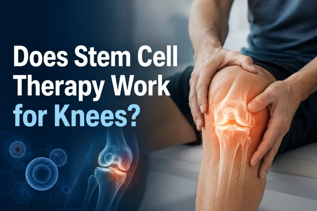 Man holding his painful knee with a glowing anatomical joint overlay and stem cell graphics beside the text “Does Stem Cell Therapy Work for Knees?”