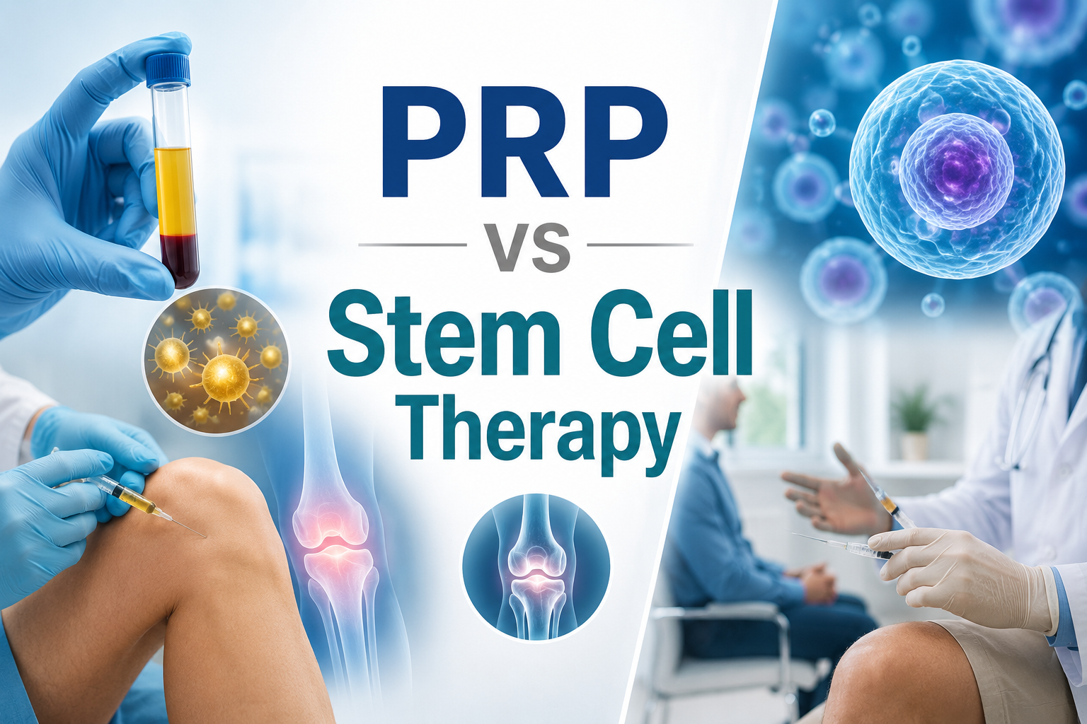 Image comparing PRP vs stem cell therapy, showing a PRP blood sample, knee injection, joint illustration, and stem cell imagery.