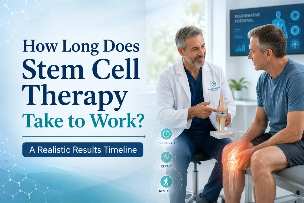 Doctor showing a knee model to a male patient with a glowing knee-joint graphic beside text about the stem cell therapy results timeline.
