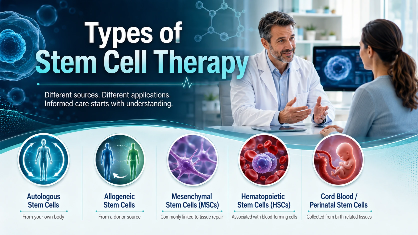 Doctor discussing treatment options with a patient beside medical illustrations of autologous, allogeneic, mesenchymal, hematopoietic, and perinatal stem cells, with text reading “Types of Stem Cell Therapy.”