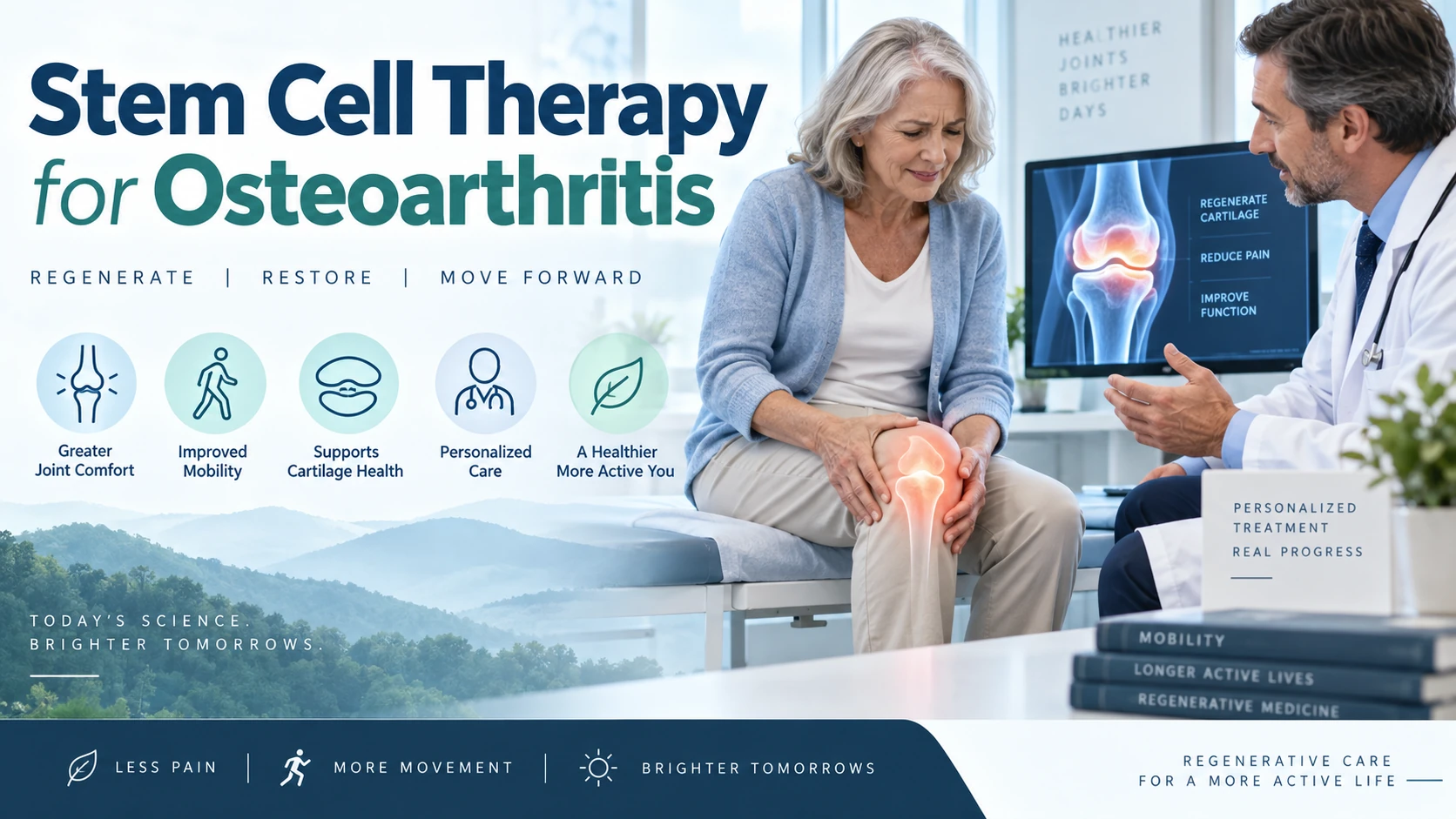 Older woman holding a painful knee while speaking with a doctor, alongside knee joint imagery and icons for joint comfort, mobility, cartilage health, and personalized care, with text reading “Stem Cell Therapy for Osteoarthritis.”
