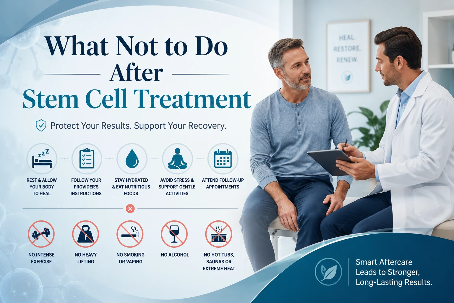 Doctor discussing post-treatment recovery with a patient, alongside aftercare icons and precautions, with text reading “What Not to Do After Stem Cell Treatment.”