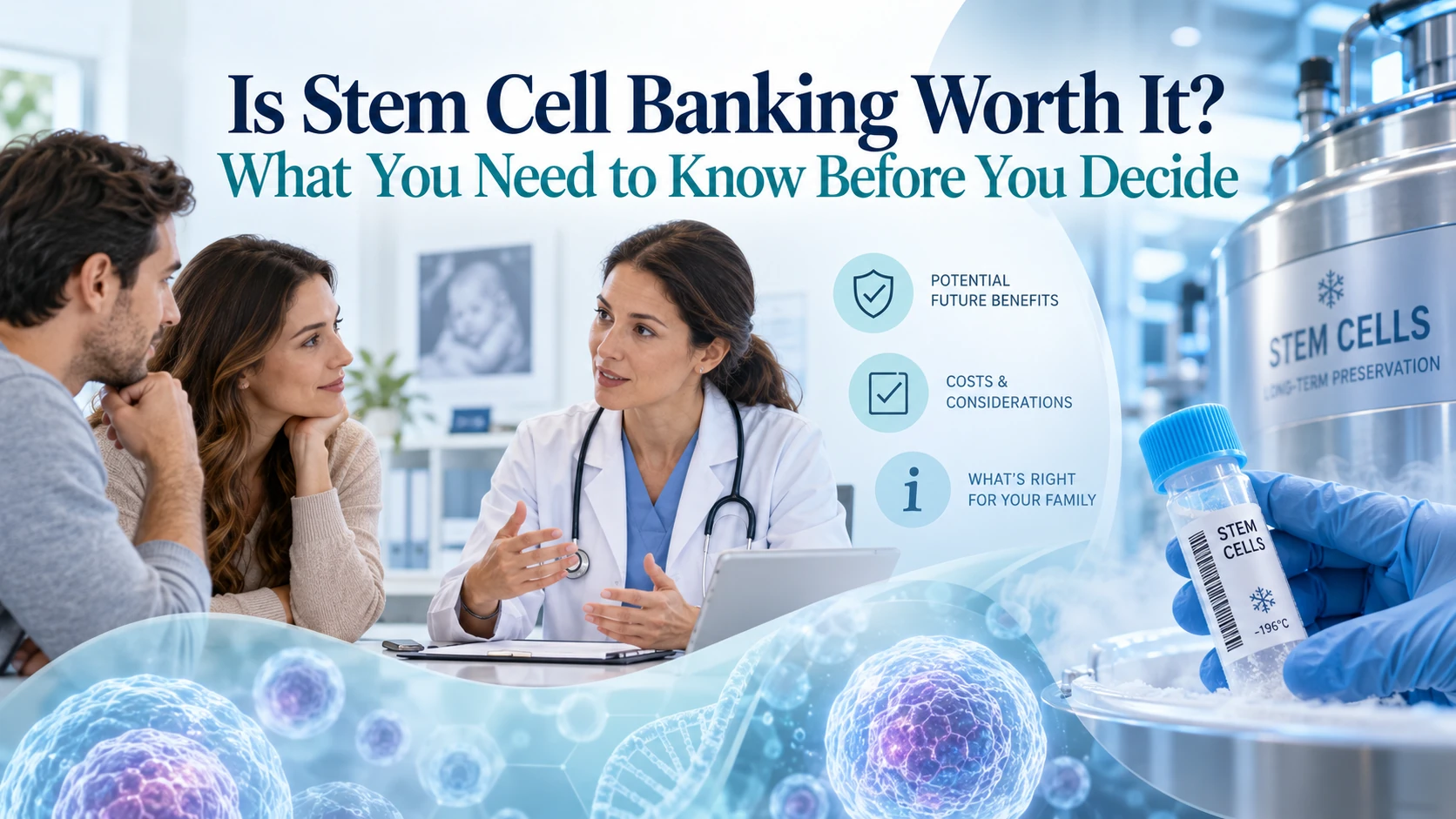 Couple discussing stem cell banking with a doctor, alongside cryogenic storage equipment, preserved stem cell samples, and graphics for future benefits, costs, and family considerations, with text reading “Is Stem Cell Banking Worth It? What You Need to Know Before You Decide.”