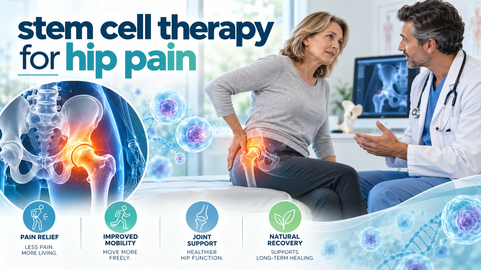Middle-aged woman discussing hip pain with a doctor, alongside hip joint and stem cell imagery with icons for pain relief, mobility, joint support, and recovery, with text reading “Stem Cell Therapy for Hip Pain.”