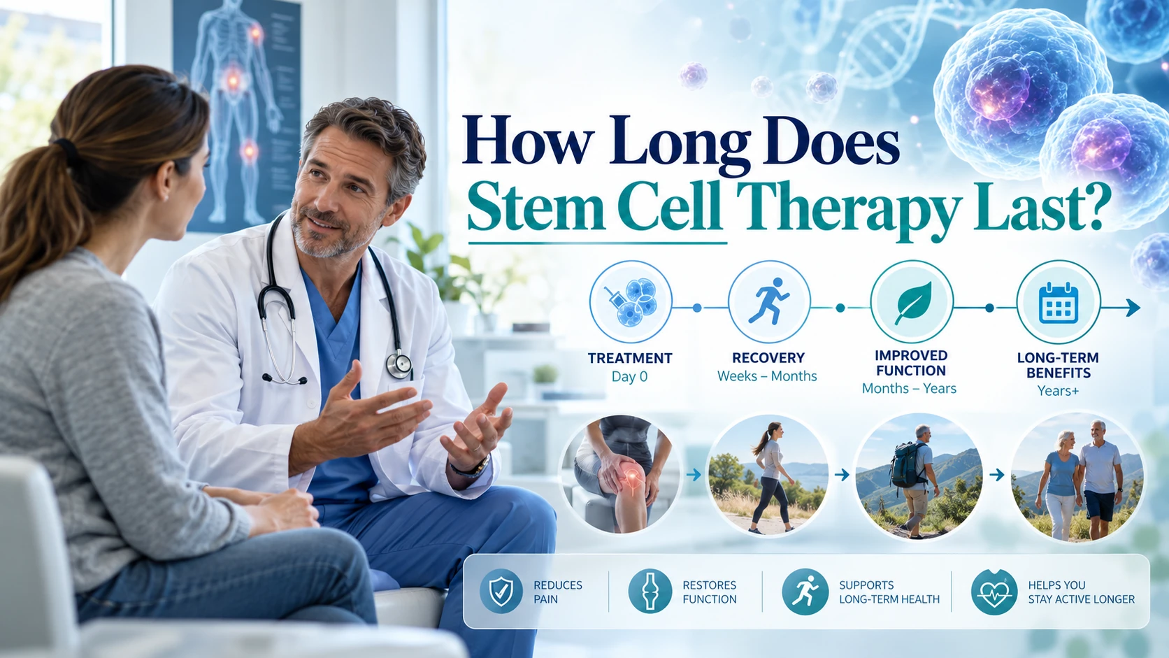 Doctor discussing stem cell therapy with a patient, alongside a treatment and recovery timeline showing improved function and potential long-term benefits, with text reading “How Long Does Stem Cell Therapy Last?”