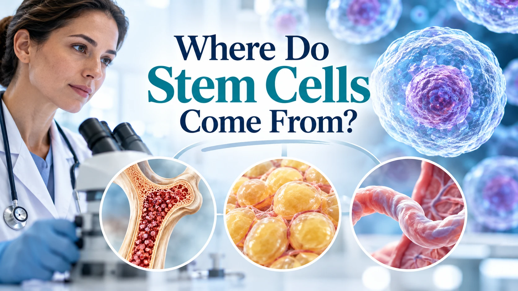 Scientist examining stem cells under a microscope, alongside imagery of bone marrow, adipose tissue, and umbilical cord tissue, with text reading “Where Do Stem Cells Come From?”